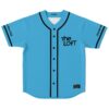 Sky blue jersey featuring black piping and “The Loft” text, front view on white background