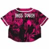 Back view of the pink rave cropped baseball jersey with a dark figure and bold text