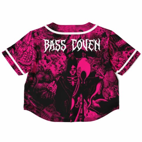 Back view of pink cropped baseball jersey with dark figure and bold text