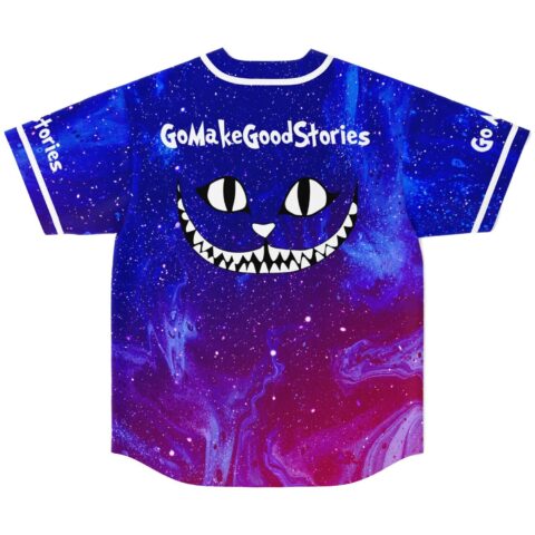 Cosmic starfield back view with grinning cartoon-style face and “Go Make Good Stories” across shoulders