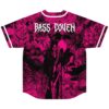 Hot pink densely packed monster collage featuring skeletal figures and BASS LOVER text, back view