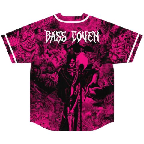 Hot pink densely packed monster collage featuring skeletal figures and BASS LOVER text, back view