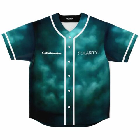 Dark teal smoky cloud baseball jersey front with white trim, “Collaborator” and “POLARITY.” text