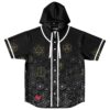 Black sacred geometry jersey front view with white piping, hood, drawstrings, and red heart detail