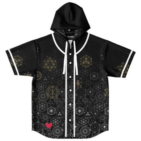 Black sacred geometry jersey front view with white piping, hood, drawstrings, and red heart detail