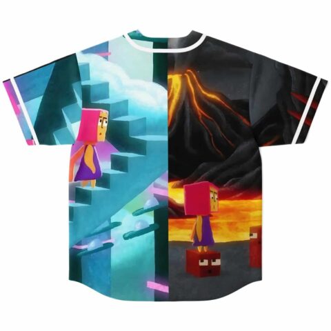 Split cartoon landscape back view, icy stairs on one side, glowing volcano on the other