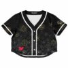 A rave cropped baseball jersey with geometric patterns and a heart detail