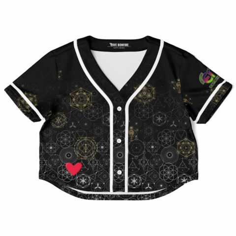 Cropped baseball jersey with geometric patterns and heart detail
