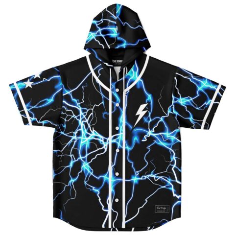 Crackling electric pattern jersey front view with hood, white piping, stars, and lightning emblem