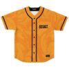 Orange marbled swirl jersey with black piping and button front, front view