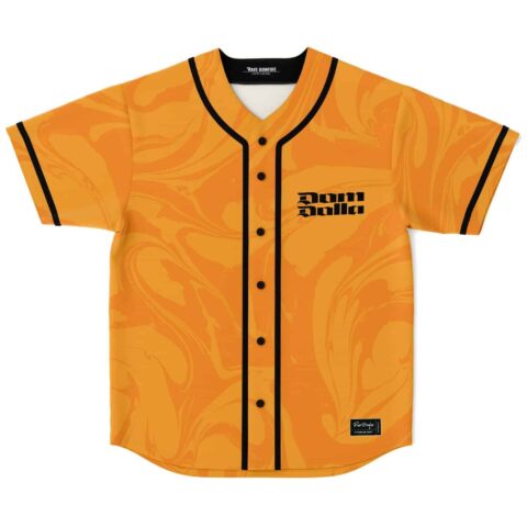Orange marbled swirl jersey with black piping and button front, front view