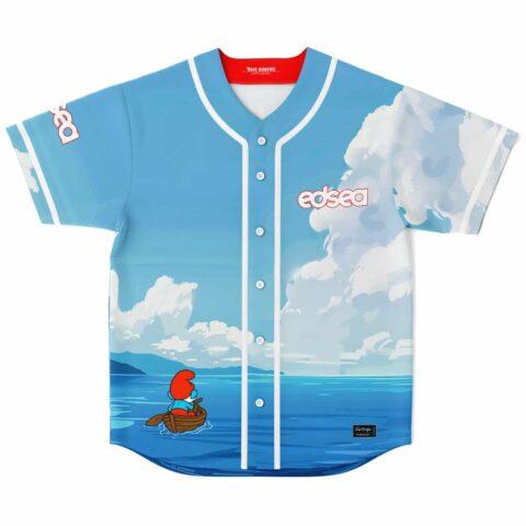 Cartoon seascape jersey front shows “edsea,” clouds, ocean waves, and a child rowing a boat