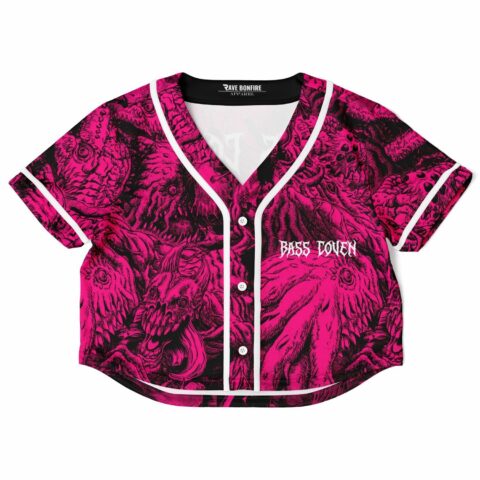 Vibrant pink cropped custom baseball jersey with intricate monster graphics