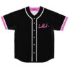 Black baseball jersey with pink “LÄLÄ” script and star, white piping, front view on white
