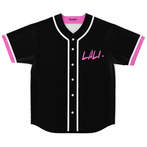 Black baseball jersey with pink “LÄLÄ” script and star, white piping, front view on white