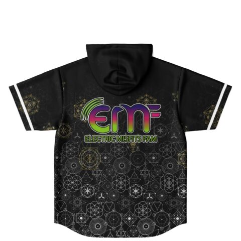 Black geometric pattern jersey back view featuring colorful EMF and ELECTRIC MISFITS FAM lettering