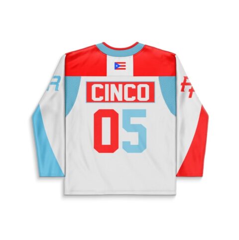 Red-and-aqua CINCO 05 design with Puerto Rico flag and bold panels, back view