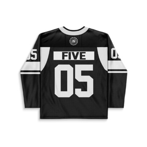 Black-and-white geometric sacred pattern with FIVE and 05 lettering, back view, white background