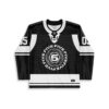 Black and white geometric sacred pattern with circular FIVE emblem, front view on white background