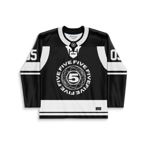 Black and white geometric sacred pattern with circular FIVE emblem, front view on white background