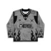 Greyscale pirate-inspired skull pattern with black flames and lace-up collar, front festival hockey jersey