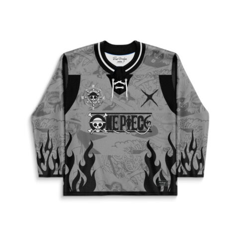 Greyscale pirate-inspired skull pattern with black flames and lace-up collar, front festival hockey jersey