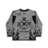 Greyscale pirate emblem pattern with four skull graphics and black flames, back festival hockey jersey