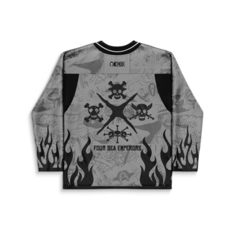 Greyscale pirate emblem pattern with four skull graphics and black flames, back festival hockey jersey
