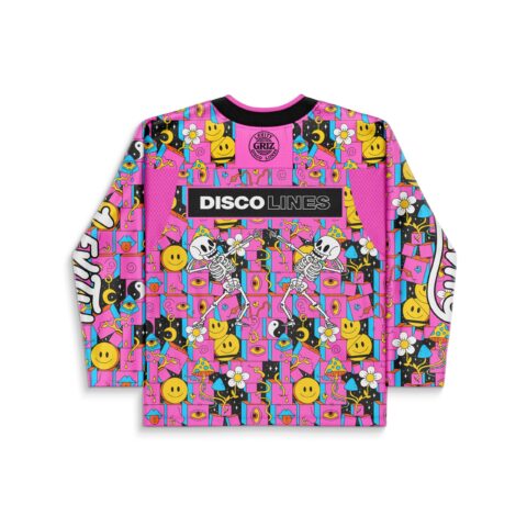 Hot pink dense collage back view featuring skeleton dancers and readable DISCO LINES text