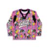 Hot pink dense collage front view with bold stylized lettering and black lace-up collar