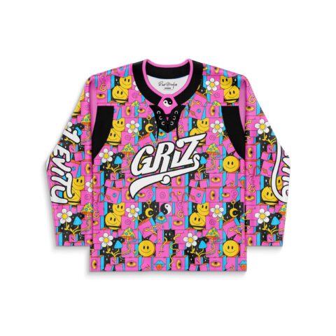 Hot pink dense collage front view with bold stylized lettering and black lace-up collar