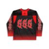 Gothic blood-splatter hockey jersey back featuring large red 666 lettering and thorny sleeve graphics