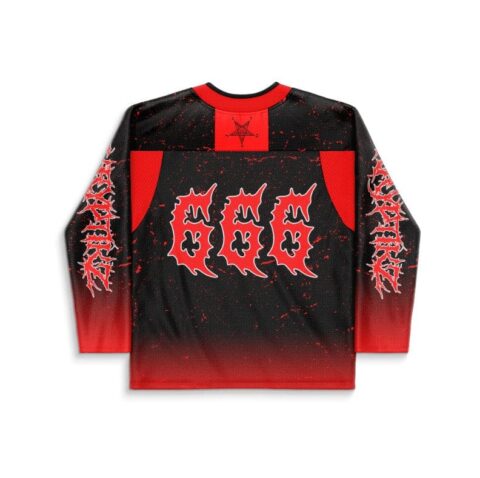 Gothic blood-splatter hockey jersey back featuring large red 666 lettering and thorny sleeve graphics