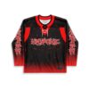 Gothic blood-splatter hockey jersey front with red gradient sleeves and thorny sleeve graphics