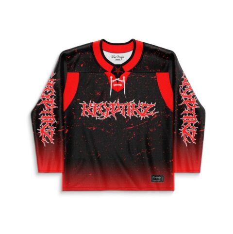 Gothic blood-splatter hockey jersey front with red gradient sleeves and thorny sleeve graphics