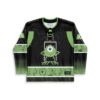 Front of the black and lime green Mike Wazowski rave hockey jersey: lace-up collar, center character print, eyeball bands