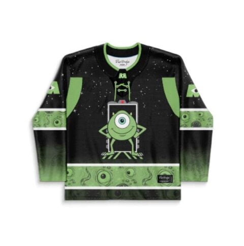 Front of the black and lime green Mike Wazowski rave hockey jersey: lace-up collar, center character print, eyeball bands