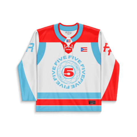 Red-and-aqua five design with Puerto Rico flag and circular FIVE lettering, front view