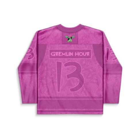 Magenta tonal creature pattern jersey, back view featuring readable “GREMLIN HOUR” text and number 13