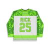 Neon acid-trip hockey jersey back featuring RICK 25 lettering and green spiral sleeves, back view