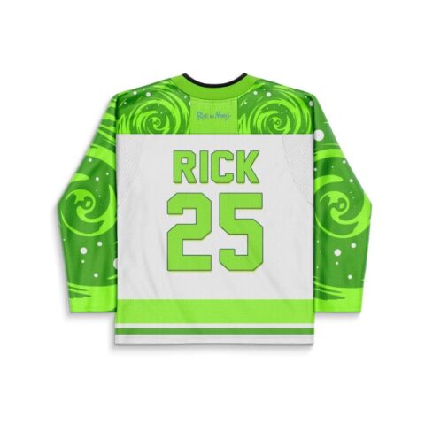 Neon acid-trip hockey jersey back featuring RICK 25 lettering and green spiral sleeves, back view