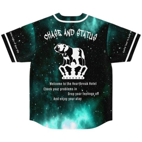 Teal galaxy starfield jersey back with crowned bulldog graphic, “Welcome to the Heartbreak Hotel”