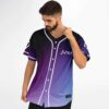 Model wearing minimal purple-blue gradient jersey front view with white-trimmed sleeves