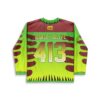 Neon green dinosaur-inspired camouflage rave jersey with “Barely Alive” and 413 lettering, back view