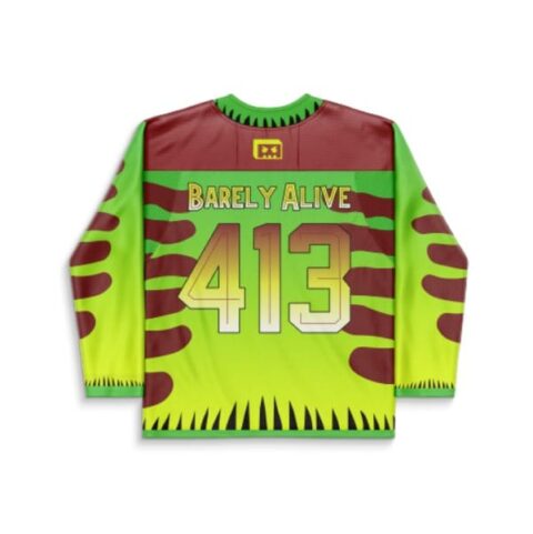 Neon green dinosaur-inspired camouflage rave jersey with “Barely Alive” and 413 lettering, back view