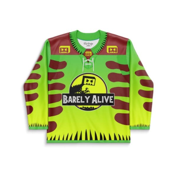 Neon green dinosaur-inspired camouflage rave jersey with โBarely Aliveโ chest text, front view