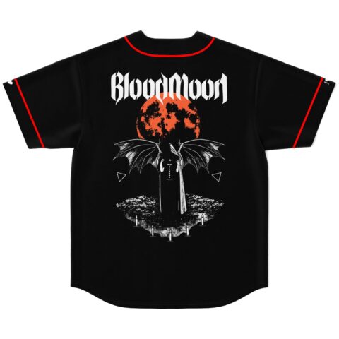 Black jersey back featuring BloodMoon text, winged figure, and orange moon graphic on white background