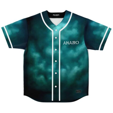 Dark teal smoky cloud pattern baseball jersey with white trim and “ANAIRO” text, front view