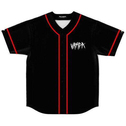 Black jersey with red piping and white VAMPIRE lettering, front view on white background