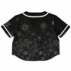 Back of the rave cropped baseball jersey with intricate designs and a colorful logo